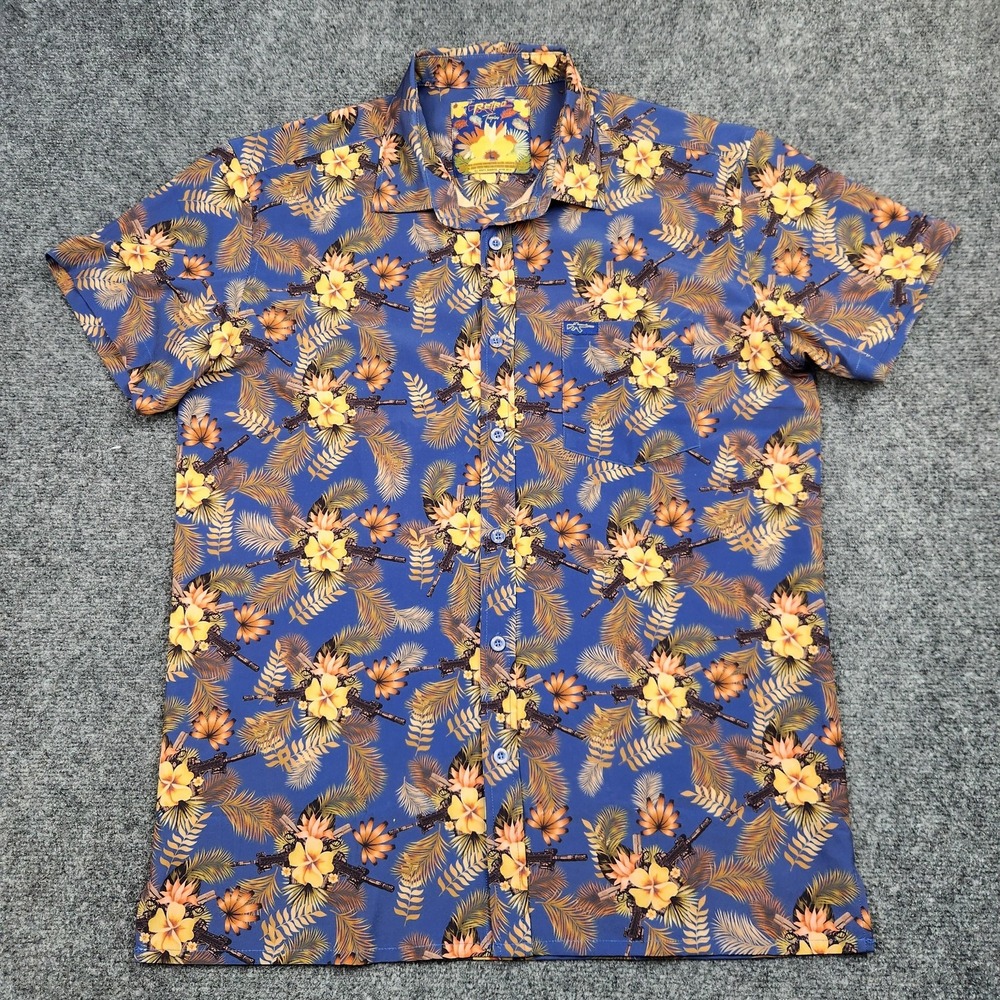 Retro Rifle Hawaiian Shirt Mens XL Blue Tropics Floral Gun Print Short Button Up